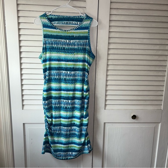 Title Nine Sleeveless Ruched Midi Dress Blue Green Print Size Large Sporty - Picture 2 of 6